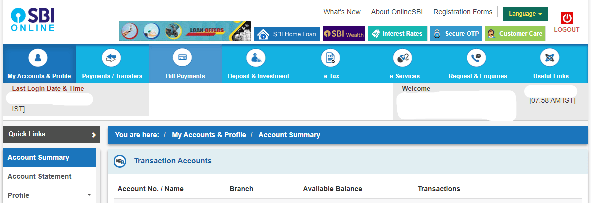 SBI Balance Check Online through Net Banking